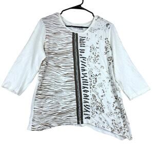 Chicos Womens Blouse Cream Half Zebra Half Leopard Chain Sequin 3/4 Sleeve 2 (L)